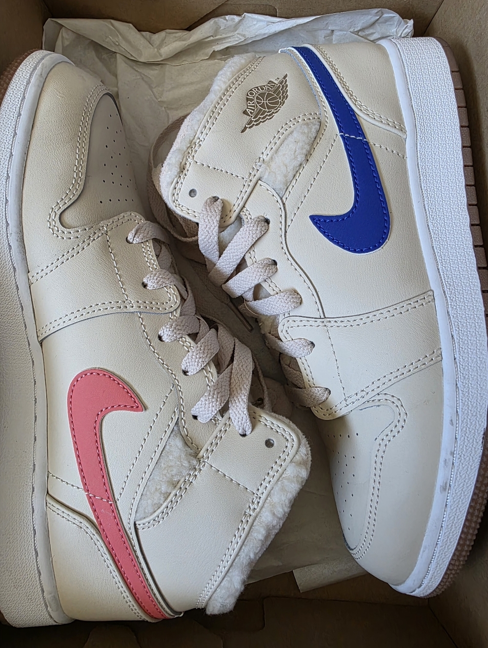 Nike Womens Mid-Top Sneakers Cream with Pink and Blue, Red And Green Swooshes